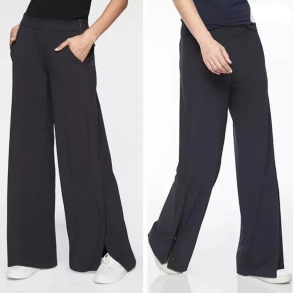 Athleta Gramercy Side Front Zipper Wide Leg Track Pants Button Hem Black Size 8 - Picture 1 of 8